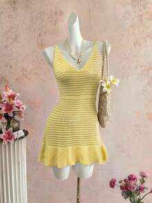 Selianne 优雅无袖V领女士迷你连衣裙，春夏款 - 淡黃色 - 查看 3