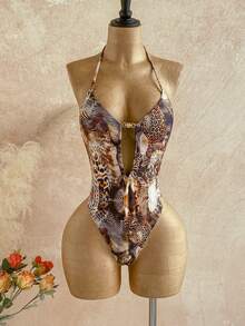 Soleia 女士性感露背系带动物纹连体泳衣，沙滩度假风 - 彩色 - 查看 5