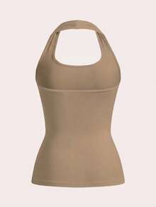 SHEIN EZwear Women's Khaki Tight Casual Halter Neck Tank Top, Suitable For Summer Spring - Khaki - View 2
