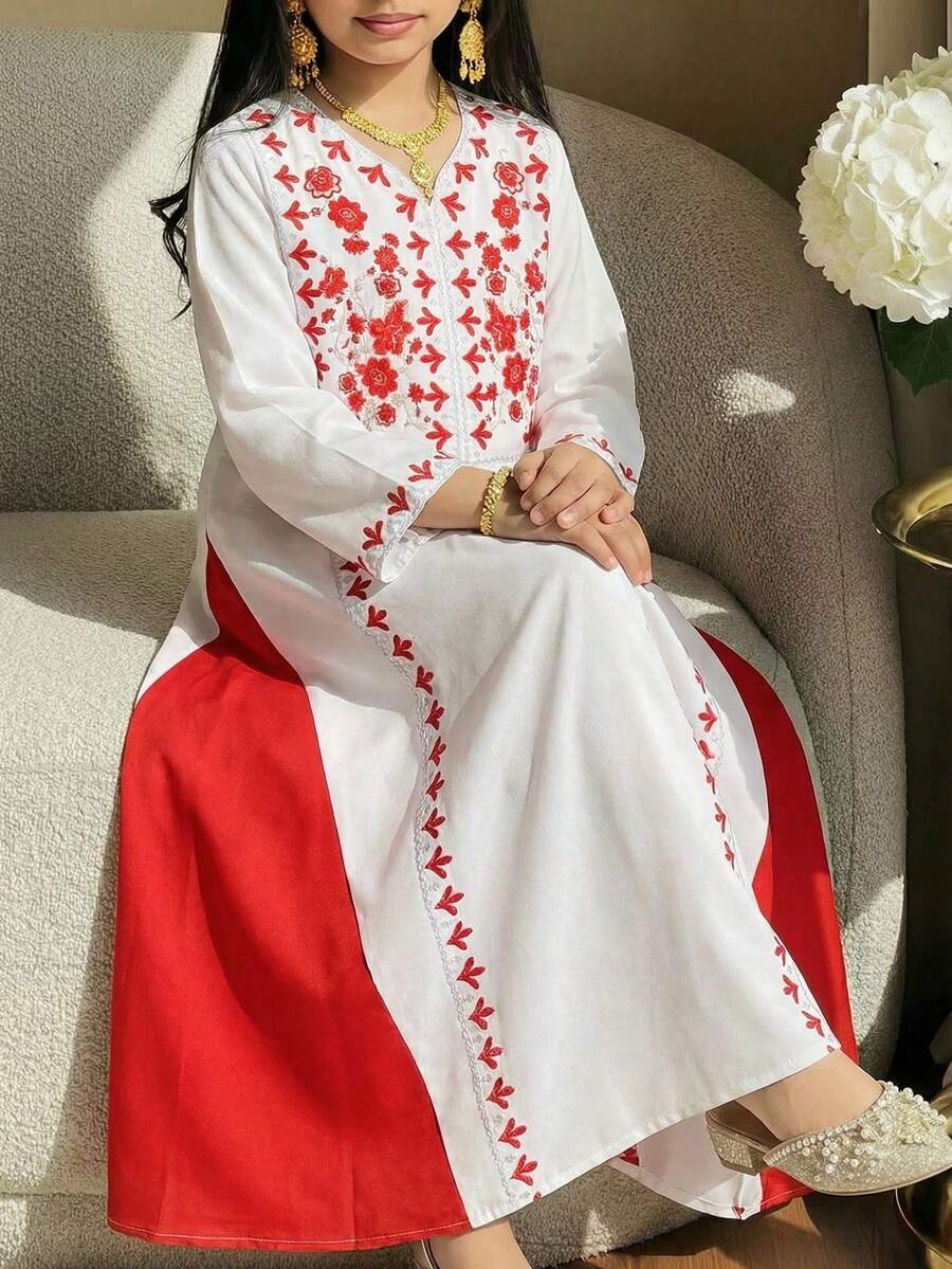 SHEIN Rochie preadolescentă cu imprimeu în blocuri de culori și mânecă lungă, linie A - roșu - Vizualizare 1