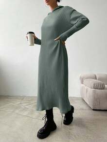 EURMUSE Damen Einfarbiges Kleid mit Kapuze und Drop Shoulder aus Strick - Minzgrün - Übersicht 5