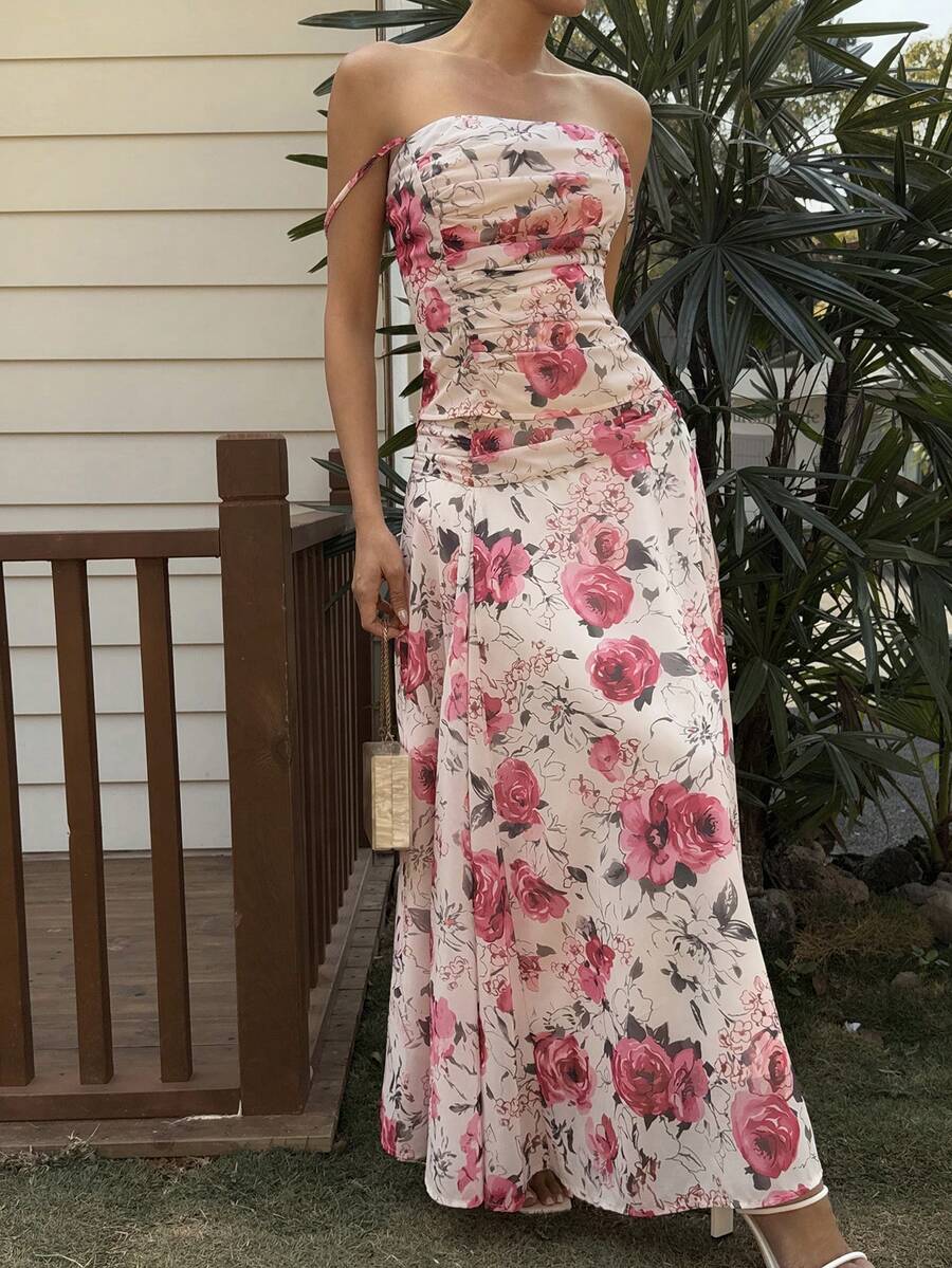 Livesso Conjunto de 2 piezas de blusa con nudo y falda casual estampada para mujer, adecuado para bodas, graduaciones y otros eventos bohemios - Rojo - Ver 1
