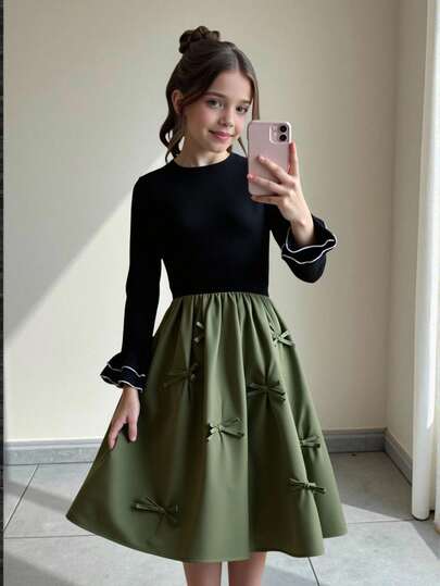 Tween Girl Colorblock Round Neck Flare Sleeve Bow Decor Cute Dress