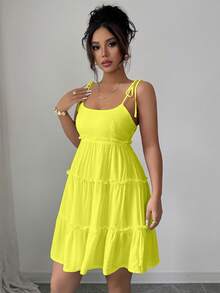 Elenzga 瑞士圆点荷叶边吊带连衣裙 度假沙滩装 女款 - 鵝黃色 - 查看 5