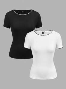 SHEIN EZwear 两件装女士T恤，撞色贝壳花刺绣，舒适休闲百搭，适合外出、街头风、机场穿搭，时尚别致，可搭配，春夏皆宜。 - 彩色 - 查看 9