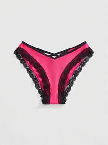 ROMWE Kawaii 1pc Women's Lace Patchwork Criss-Cross Back Design Sexy Panty - Hot Pink - View 4