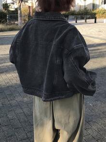 FRIFUL Women's Casual Denim Jacket With Single-Breasted Button, Long Sleeve, Drop Shoulder, Autumn - Grey - View 5