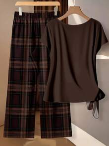 EMERY ROSE Women's Tie Bow Blouse And Loose Straight Leg Pants 2 Pieces Set,Casual - Multicolor - View 5