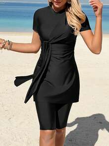 Swim Mulvari Bộ đồ bơi nữ mùa hè mới, cổ tròn, tay ngắn, thắt eo bên hông, xẻ tà, kèm quần short, màu đen, kiểu dáng thường ngày, thích hợp cho kỳ nghỉ hoặc đi biển. - màu đen - Xem 8