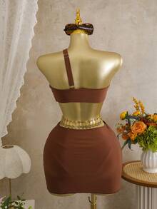 Swim SXY Bộ 3 món màu trơn phối kim loại, áo quây bất đối xứng, quần cạp cao và chân váy xếp ly, đồ bơi gợi cảm cho nữ, thích hợp cho mùa xuân/hè. - Cà phê nâu - Xem 5