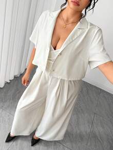 Elenzga 女士加大码翻领短袖珍珠纽扣短款外套搭配褶皱腰部连体裤，优雅两件套 - 杏色 - 查看 6