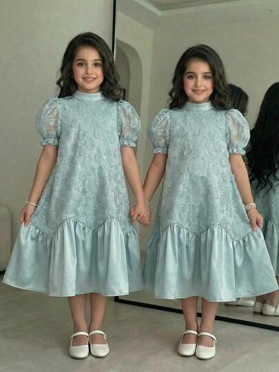 SHEIN رمضان فستان أنيق بأكمام بالون مطرز بالشبك وقصة A-line، أزرق فاتح، للفتيات المراهقات