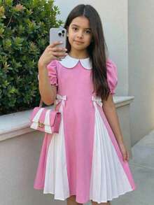 Firerie Kids Tween Girl Casual Commuter Cute Peter Pan Collar Patchwork Pleated Dress - Pink - View 1