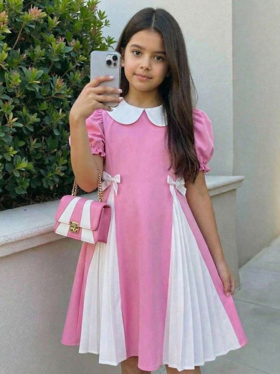 Firerie Kids Tween Girl Casual Commuter Cute Peter Pan Collar Patchwork Pleated Dress - Pink - View 1