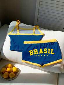 SHEIN EZwear Bộ đồ thể thao mùa hè dành cho nữ, áo croptop và quần short in chữ nhiều màu sắc cờ Brazil, hàng hóa dành cho người hâm mộ thể thao. - Nhiều màu - Xem 2