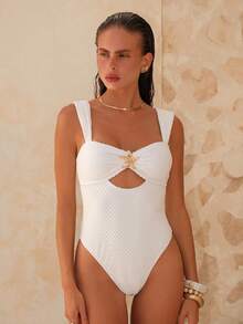Swim Chiccia 1件装女士性感粗肩带提花镂空前连体泳衣，夏季 - 白色 - 查看 3