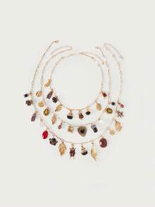 Glisma 1pc Vintage Multilayer Pendant Necklace With Insect, Leaf, Heart, Geometric Chain Charm Design - Layered Necklace - View 4