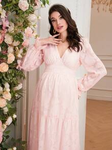 SHEIN Elegant Maternity V-Neck Long Sleeve Ruched Waist Dress - Pink - View 5