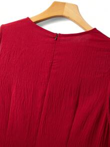 GlowEve CURVE Plus Size Summer Casual Solid Color Overlap Collar Pleated Dress, Suitable For  Day - Red - View 6
