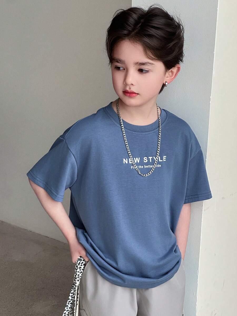 Dazy Kids Áo thun ngắn tay cổ tròn in chữ cho bé trai tuổi teen, kiểu dáng thường ngày, đa năng, thích hợp mặc mùa hè. - Màu xanh lam - Xem 1