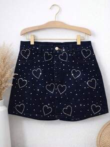 Falda Short de Mezclilla Stretch con Aplicación de Corazones en Brillos. - Negro - Ver 5