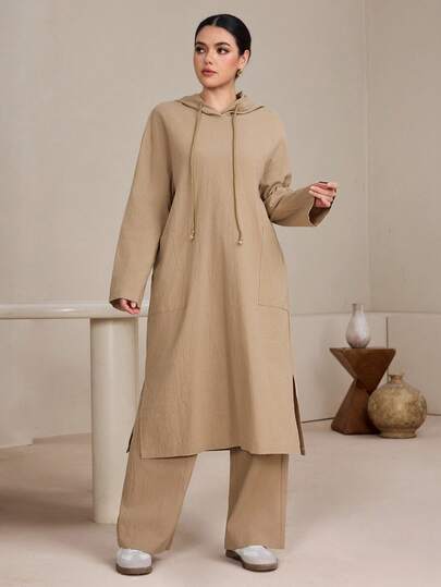 Graceveil Women's Solid Color Long Sleeve Hooded Top With Pockets & Drawstring Hem, Slit Hem, With Pants, Casual 2 Pieces Set Modest Sets For Women Modest 2 Piece Linen Sets Woman Earthy Clothes Women Modest  Modest Two Piece Set