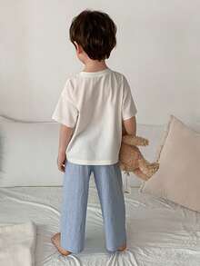 DAZY 男童卡通印花圆领短袖上衣和条纹印花长裤睡衣套装 - 白色 - 查看 6