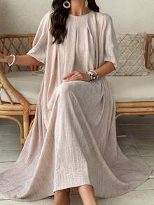 Vivie Lora Đầm nữ dáng suông xếp ly, chất liệu có họa tiết, dài đến đầu gối. - Màu Khaki - Xem 2