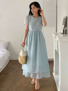 DAZY Đầm mùa hè nữ màu xanh dương, hai lớp vải lưới, eo thon, dáng dài đến đầu gối. - Màu xanh lam - Xem 5