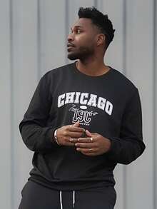 Heavens Edit 男士复古美式圆领卫衣，芝加哥字母印花，休闲街头风，秋冬款，长袖上衣 - 黑色 - 查看 7