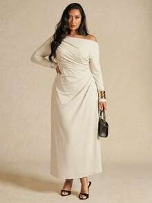 SHEIN BAE Đầm dài tay xếp ly thanh lịch dành cho nữ cỡ lớn, màu vàng, thích hợp cho mùa thu/đông. - Màu be - Xem 4