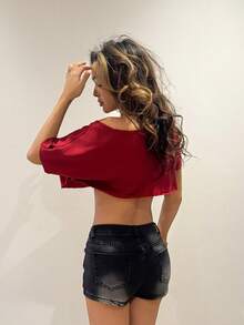 RebeccaVibe WOMEN Streetwear Going Out Sport Casual Graphic Off Shoulder Slouchy Cropped Red Tee - Red - View 2