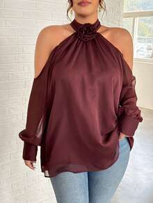 Firerie Große Größen einfarbiges 3D Blumen Dekor Ausschnitt elegant Langarm Bluse mit freien Schultern, sexy Blusen mit Ballonärmeln, Frühlings Bluse für Frauen, Schulterfreie Bluse für Frauen - Bordeaux - Übersicht 4