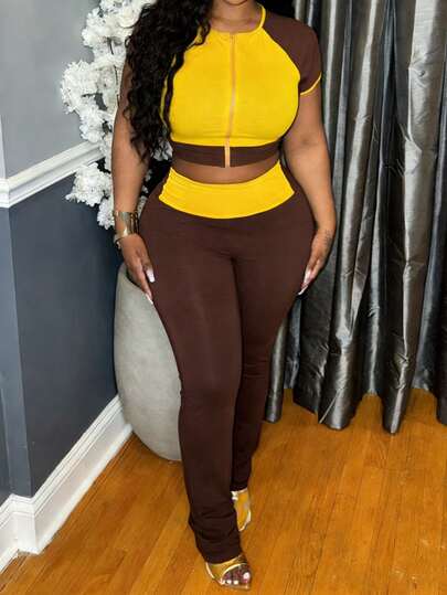 Slaydiva Spring/Summer New Casual Street & Daily Wear & Leisure & College & Party & Music Festival & Sports & Home Fitted Contrast Color Yellow Brown Short Zip Front Cropped T-Shirt And Super Long Fitted Ankle Cuff Pants, Knit Stretchy Fabric, Women Plus Size 2-Piece Set