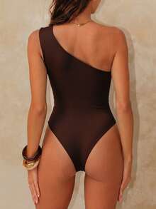 Swim Chiccia 1件装女士纯色金属点缀高领褶皱露背连体泳衣 - 咖啡棕 - 查看 2
