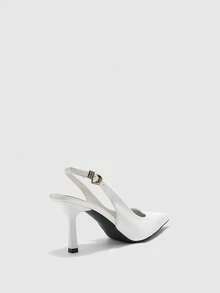CUCCOO BIZCHIC Women's Pointed Toe White Patent Leather Backless Metal Buckle Strap Fashion Slip-On Pumps, Elegant For Commuting - White - View 9