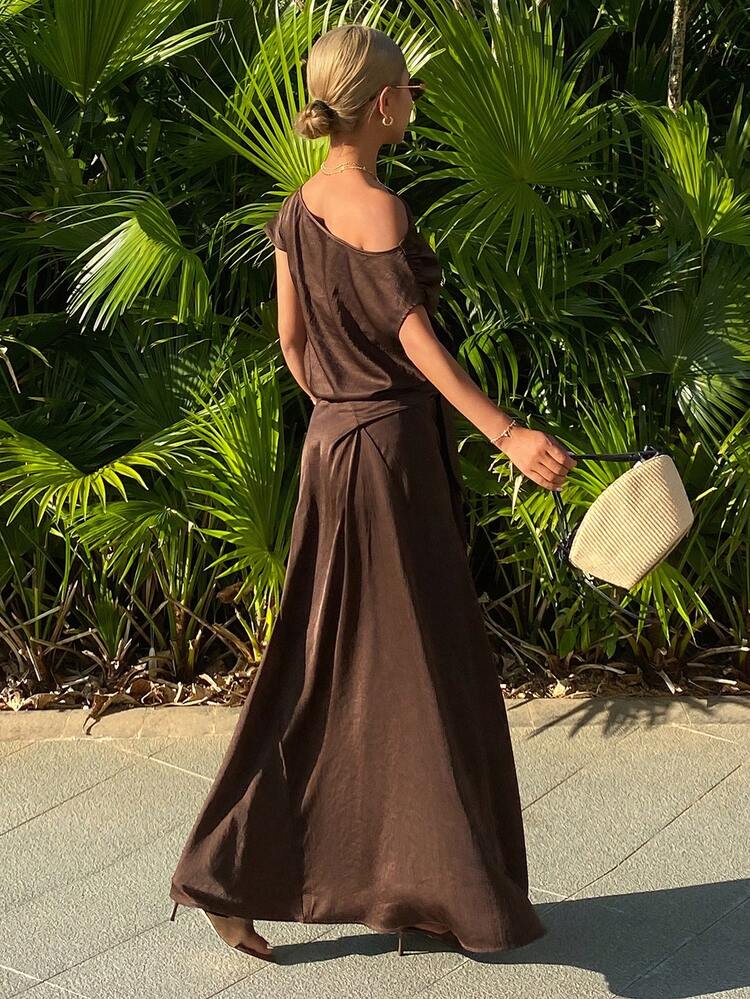 2pcs/Set Women Solid Color Fitted Open Shoulder Short Sleeve Blouse And A-Line Tie-Waist Long Skirt Elegant Outfit, Spring/Autumn Summer