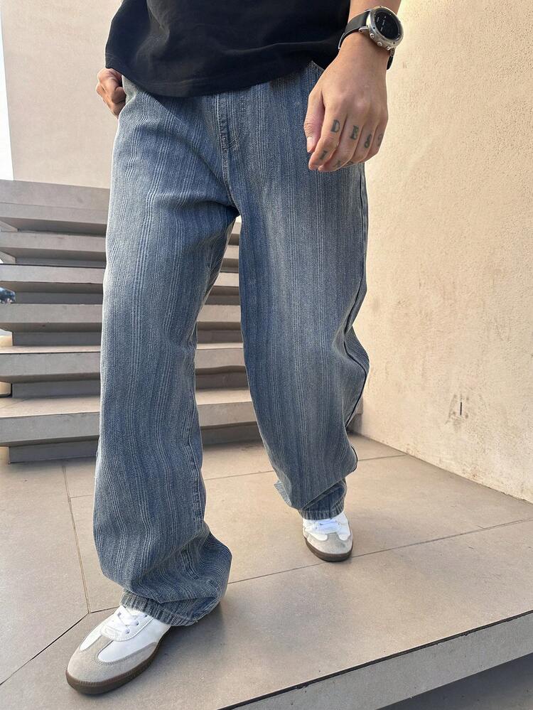 Men's Spring Solid Blue Washed Striped Fabric Elastic Waist Jeans