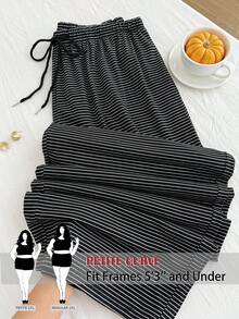 SHEIN PETITE CURVE Quần ống đứng dáng rộng kẻ sọc cỡ lớn, cạp chun co giãn, có dây rút - màu đen - Xem 1