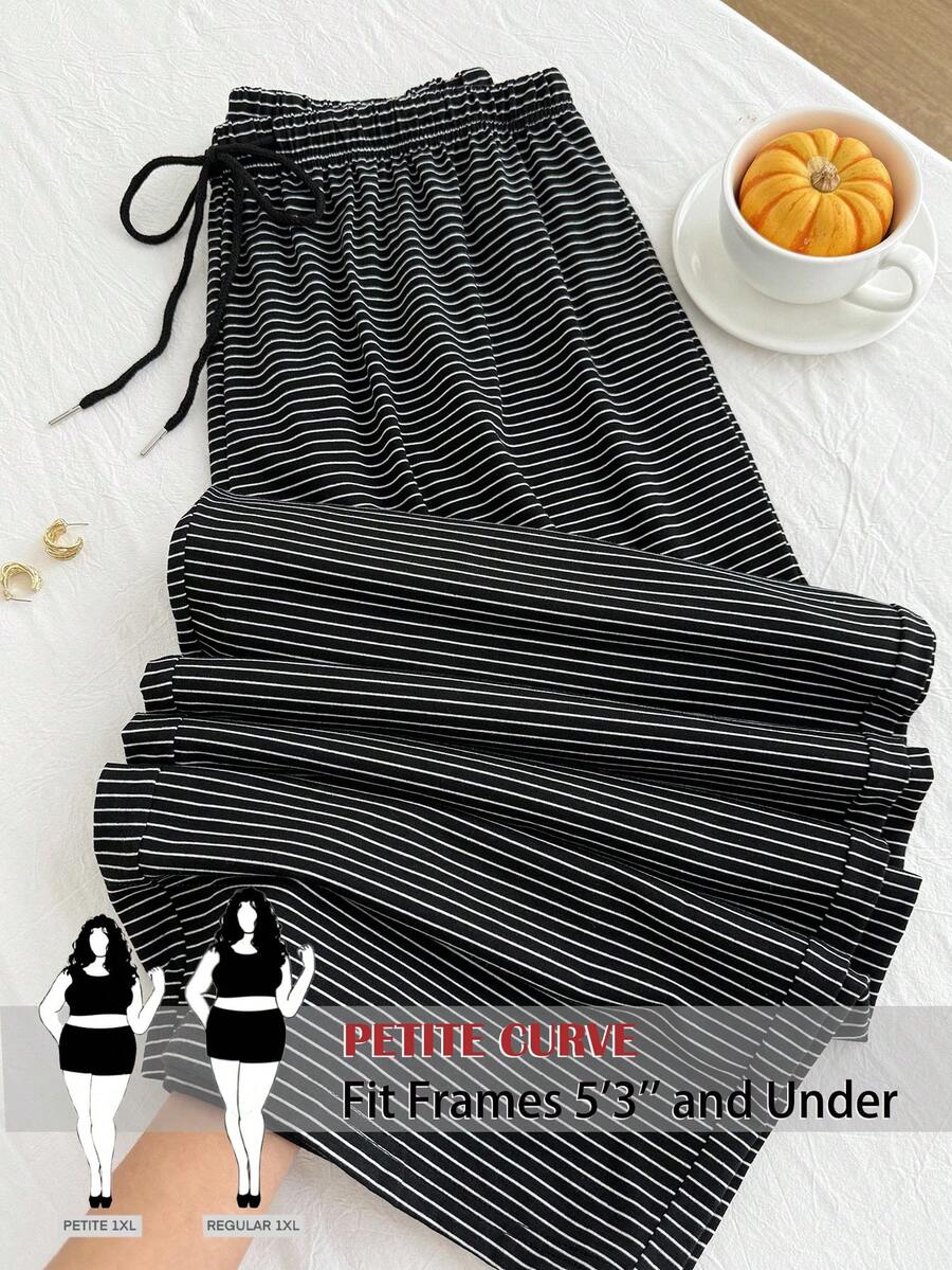 SHEIN PETITE CURVE Quần ống đứng dáng rộng kẻ sọc cỡ lớn, cạp chun co giãn, có dây rút - màu đen - Xem 1