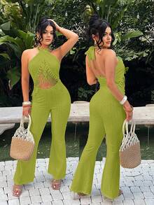SHEIN SXY Solid Color Sleeveless Fashionable Hollow Out Halter Textured Fringe Jumpsuit - Green - View 4