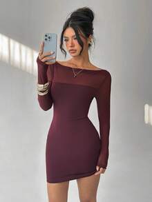 Aloruh Women's Elegant Off Shoulder Mesh Patchwork Bodycon Mini Dress, Suitable For Valentine's Day - Red Violet - View 5