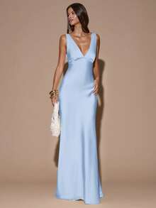SHEIN BAE 性感简约纯色黄/米色深V领无袖露背系带连衣裙，适合派对、鸡尾酒会、正式场合、伴娘、生日、圣诞节、商务休闲等场合。 - 淺藍色 - 查看 5