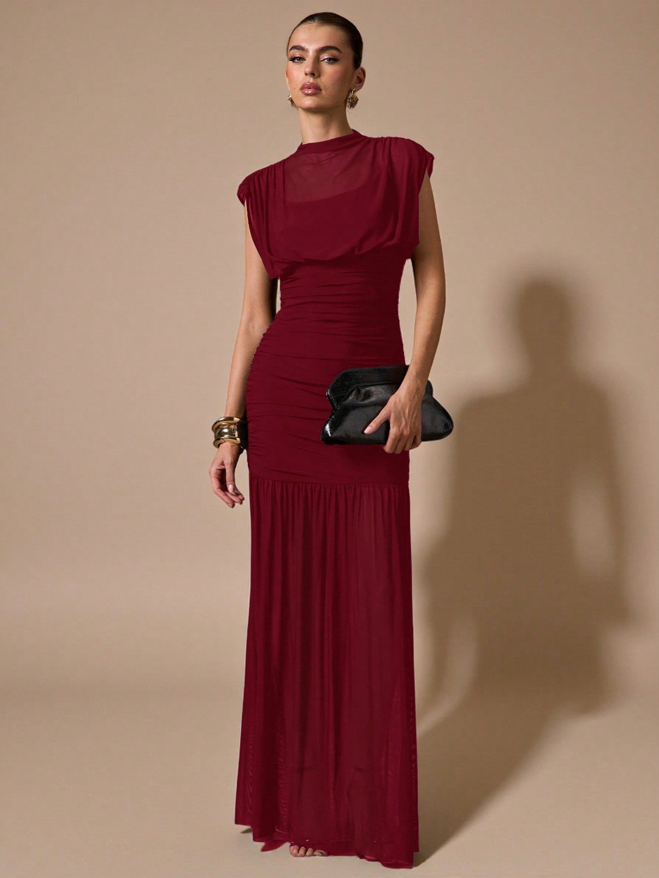 SHEIN BAE فستان شيفون أنيق مجعد باللون الأسود، منا...