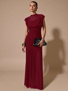 SHEIN BAE 黑色披肩式优雅薄纱褶皱连衣裙，适合浪漫约会、派对、正式聚会、伴娘礼服、女士夏季连衣裙、下午茶会连衣裙、新年、情人节、生日迷你连衣裙、黑色连衣裙 - 酒紅色 - 查看 6