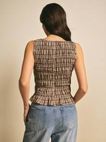 Poéselle Women's Smocked Brown Plaid Peplum Tank Top,Sleeveless Boat Neck Gingham Ruffle Hem Summer Top,Casual Cottage Core Style For Picnic,Beach & Fashion - Navy Blue - View 10