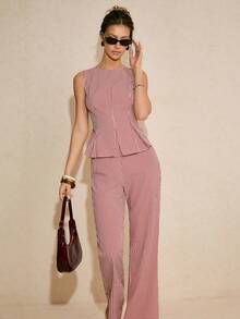 Poéselle Red Gingham Plaid Two Piece Set, Sleeveless Peplum Top And High Waist Flared Pants, Elegant Matching Suit Spring Summer Outfit For Women,Women's Summer Fashion Plaid Camisole & Pants 2 Pieces Set,French-Style 2 Pieces Set,2026 New Arrival - Multicolor - View 5