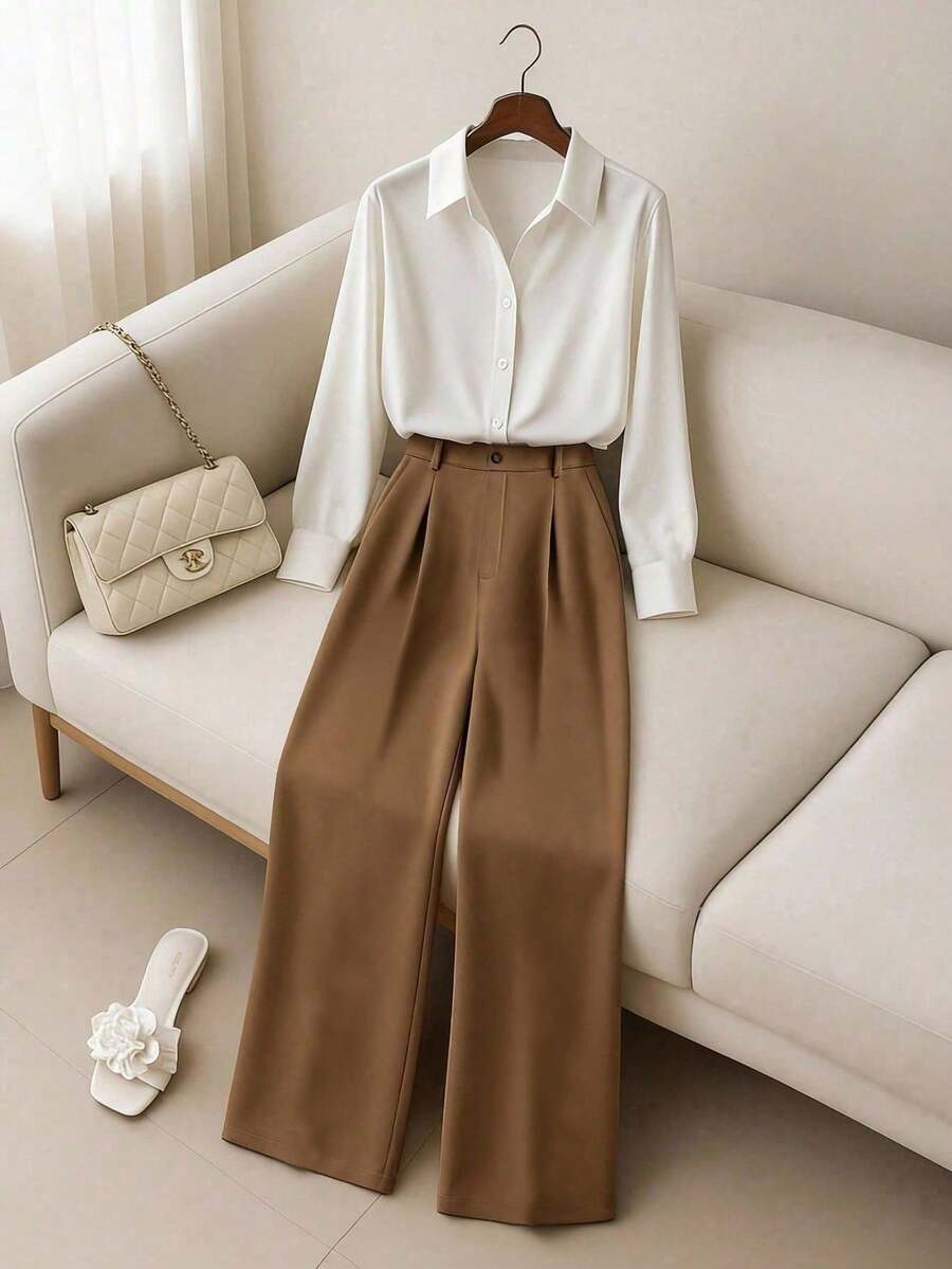 Elenzga Plus Size Women's Apricot Button-Up Top And Pants Set, Fashionable For Commuting And Office Wear - Multicolor - View 1