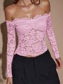 SHEIN BAE 女士蕾丝性感透视镂空露肩长袖上衣，酒红色，适合圣诞节、万圣节、亡灵节、秋冬季叠穿 - 淺粉色 - 查看 6
