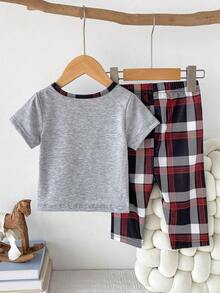 2pcs Baby/Toddler Boys' Casual Gray Short Sleeve Top And Plaid Print Pants Set, Summer Pajamas - Grey - View 2